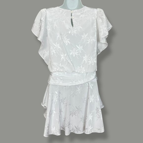 Vintage 80s Dress Floral Mini Ruffles Iridescent Women Beach Wedding Reception - Picture 2 of 13